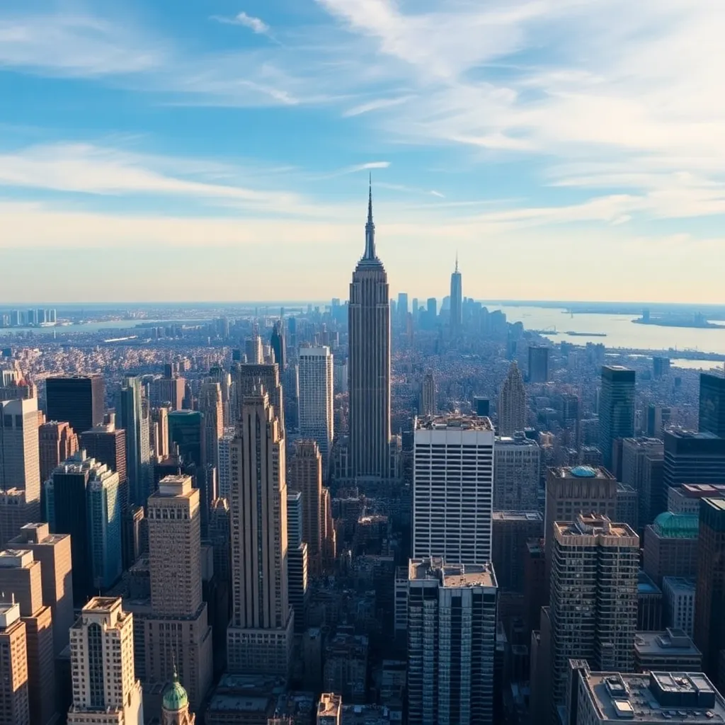 Aerial view of Manhattan skyline including Midtown skyscrapers and the Empire State Building